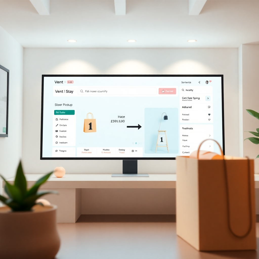 A photorealistic image showcasing a user-friendly Vent theme Shopify store interface leading to a successful purchase. The scene highlights the ease of navigation and checkout process. The lighting is bright and welcoming. The color palette is clean and modern. Style reference: modern e-commerce design. Technical specifications: 4K resolution, high-quality rendering, professional lighting.