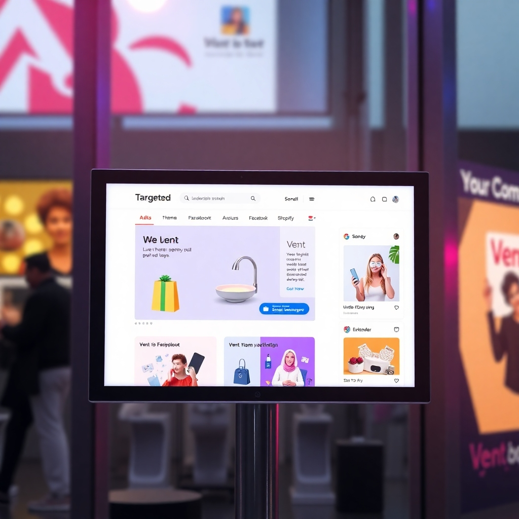 A photorealistic image showcasing targeted advertising campaigns across various platforms. The scene features a digital screen displaying ads for a Vent theme Shopify store on Google, Facebook, and Instagram. The lighting is bright and engaging. The color palette is vibrant and appealing. Style reference: modern advertising. Technical specifications: 4K resolution, high-quality rendering, professional lighting.