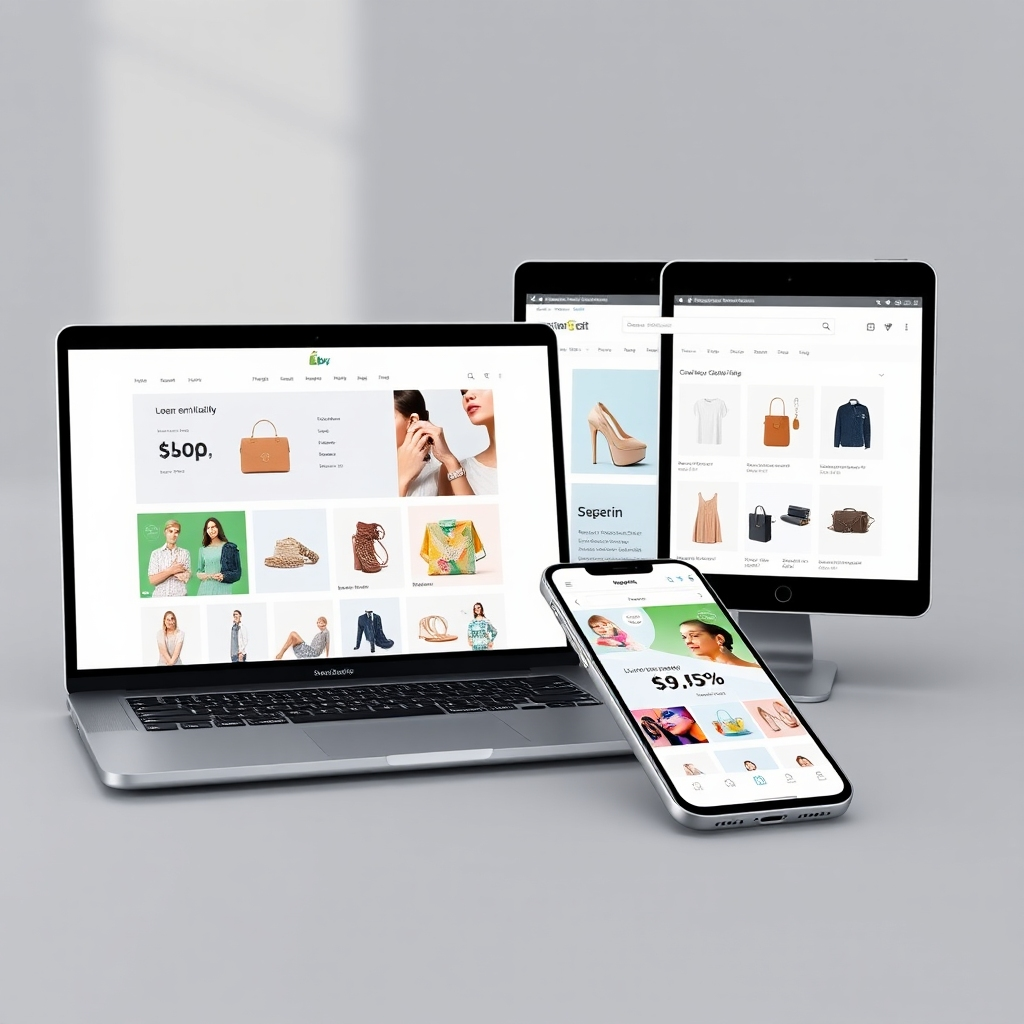 Create a photorealistic image showcasing a beautifully designed Shopify store on various devices (laptop, tablet, smartphone). The store should feature attractive product displays, clear navigation, and a user-friendly interface. Use a bright and inviting color palette to convey a sense of professionalism and quality.