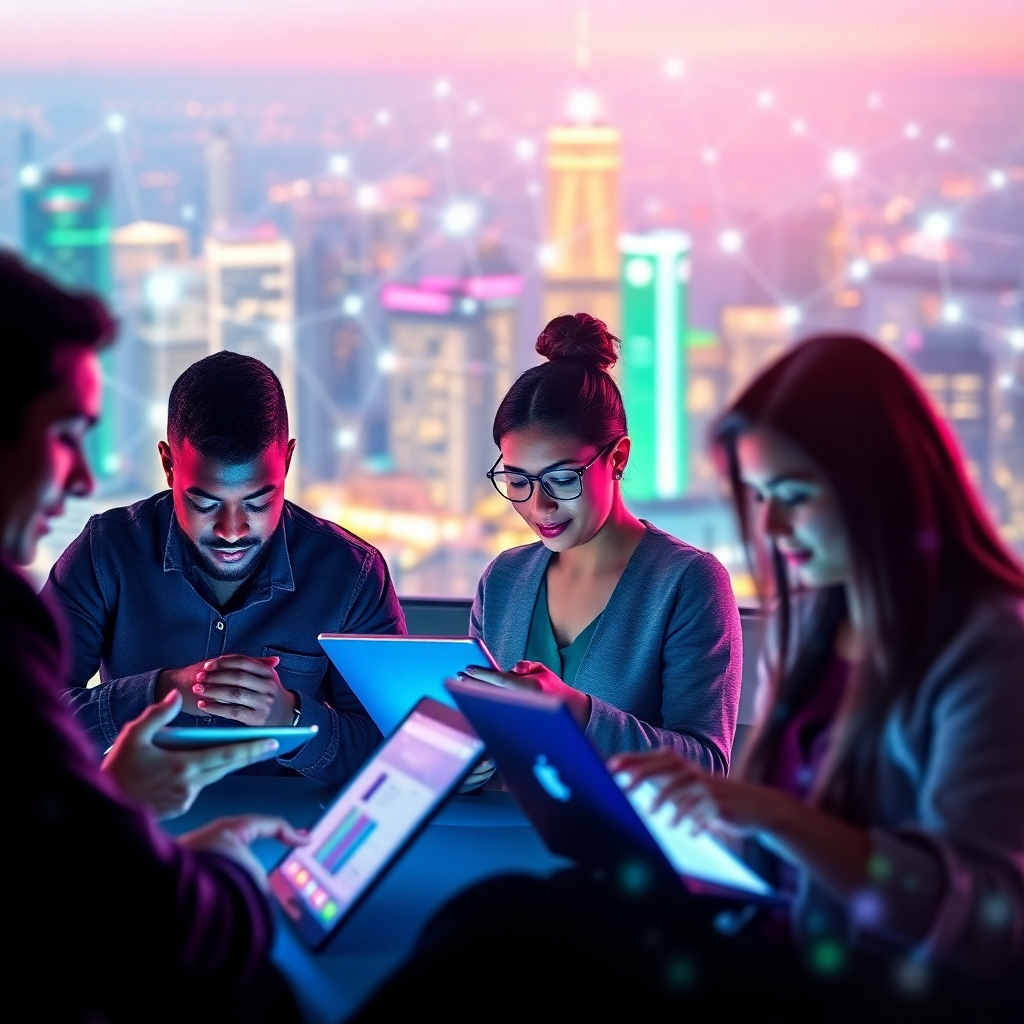 Create a photorealistic, ultra-high quality header image representing Stocknet, a digital marketing company specializing in e-commerce, automation, website creation (specifically Shopify), themes, and photography. The scene should depict a vibrant digital cityscape with glowing interconnected networks symbolizing e-commerce and automation. In the foreground, showcase a diverse group of individuals collaborating on laptops and tablets, their faces lit by the screens. The color palette should be modern, using shades of blue, purple, and green to convey innovation and technology. Capture the scene from a slightly elevated angle, with a shallow depth of field to focus on the foreground activity. Include subtle details like data streams and abstract representations of website themes to reinforce the company's offerings. Style should be hyperrealistic, aiming for an 8K resolution image.