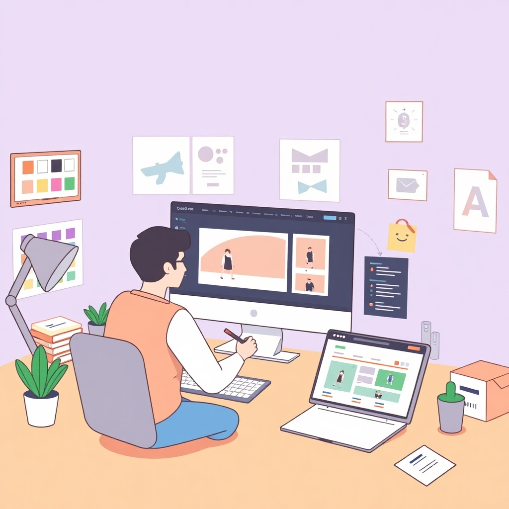 Create a stylized image showcasing the process of designing custom Shopify themes. The scene should feature a digital design studio with various tools and resources (color palettes, font libraries, design mockups) visible. A designer should be interacting with the interface, creating and customizing a new theme.