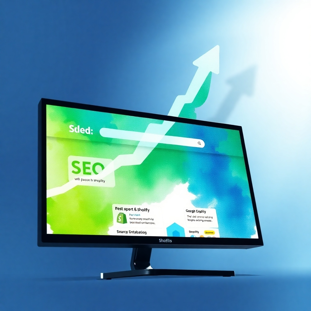 A photorealistic image representing SEO optimization. The scene features a digital screen displaying a Vent theme Shopify store interface rising to the top of search engine results (Google, Bing). The lighting is bright and optimistic, conveying success. The color palette is predominantly green and blue, conveying growth and trust. The camera angle is low to emphasize the rise of the store. Style reference: modern web design. Technical specifications: 4K resolution, high-quality rendering, professional lighting.