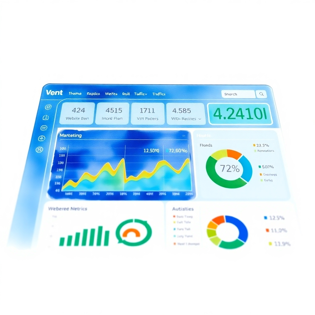 A photorealistic image of a digital dashboard displaying key marketing metrics (conversion rates, website traffic, ROI). The dashboard features a Vent theme Shopify store interface prominently. The lighting is bright and clear, emphasizing the data visualization. The color palette is predominantly blue and green, conveying trust and growth. The camera angle is close-up to highlight the details of the dashboard. Style reference: modern business analytics. Technical specifications: 4K resolution, high-quality rendering, professional lighting.