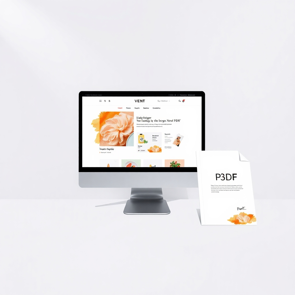 A stylized image representing the creation of professional PDFs. The scene features a digital screen displaying a Vent theme Shopify product page being transformed into a beautifully designed PDF brochure. The lighting is soft and inviting, highlighting the design elements. The color palette is predominantly white and gold, conveying elegance and sophistication. The camera angle is slightly elevated to showcase the transformation process. Style reference: modern graphic design. Technical specifications: 4K resolution, high-quality rendering, professional lighting.