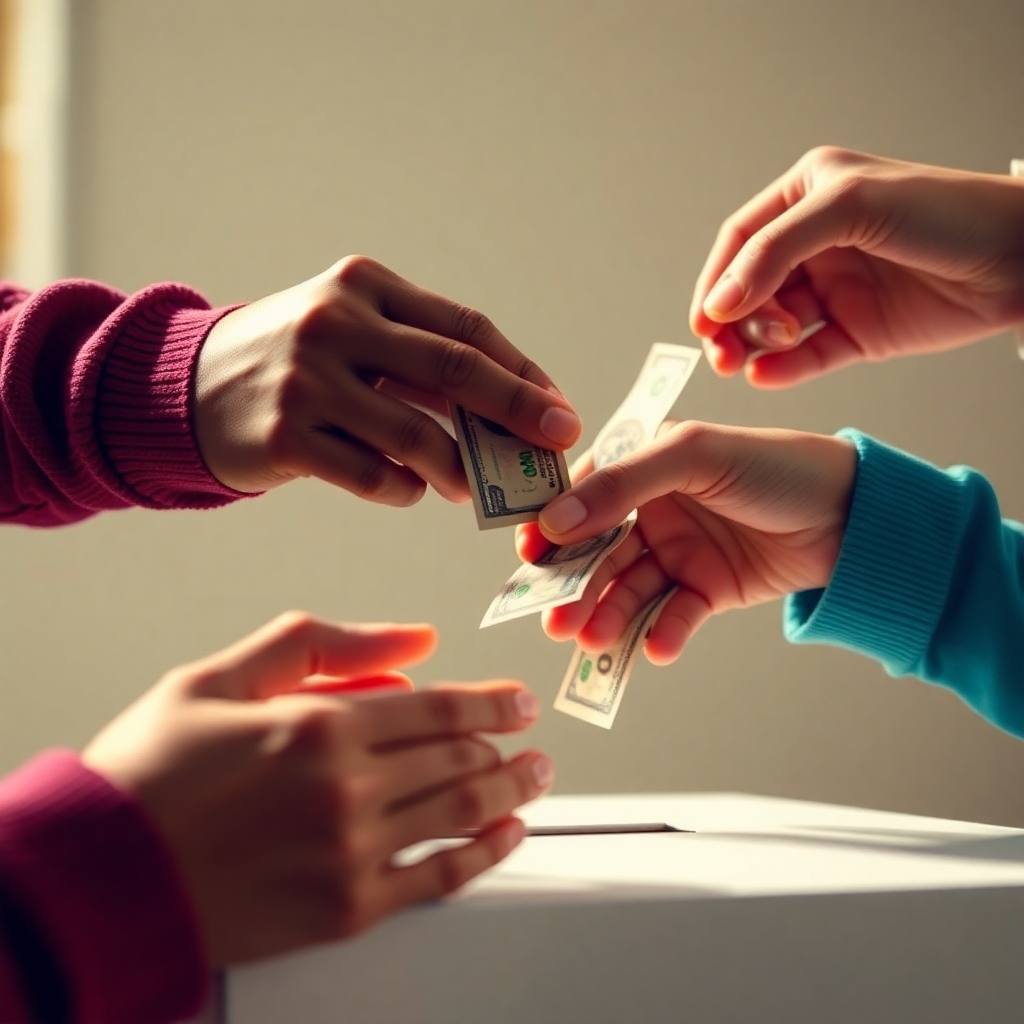 A close-up, photorealistic image of a donation box with hands of different ages and ethnicities contributing money. Emphasize the act of giving and the positive impact of donations. Use soft, warm lighting to create a sense of hope.
