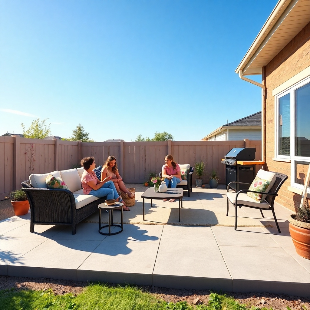 Create a photorealistic image of a family enjoying a sunny afternoon on a newly constructed concrete patio. The patio features comfortable outdoor furniture and a barbecue grill. Use a bright and cheerful color palette to convey a sense of relaxation and enjoyment.