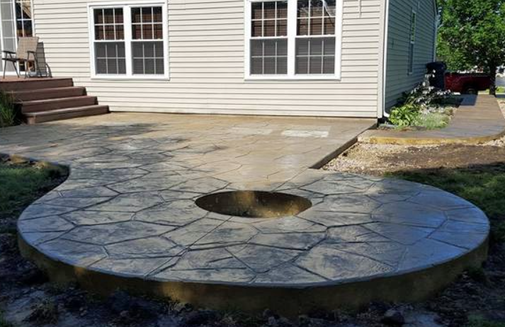 A photorealistic image of a beautifully designed custom concrete countertop in a modern kitchen. Focus on the unique shape, color, and finish of the countertop. Use warm lighting and a stylish color palette to create a sense of elegance and sophistication.
