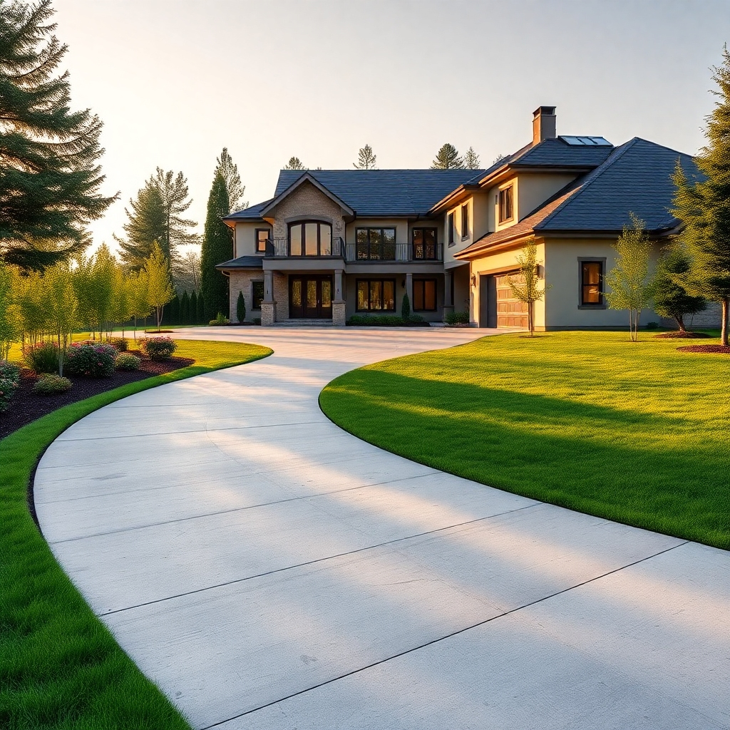 Generate a photorealistic image of a winding concrete driveway leading up to a beautiful, modern house. The driveway should be bordered by lush landscaping. The image should be taken during the golden hour, casting warm shadows and highlighting the texture of the concrete.