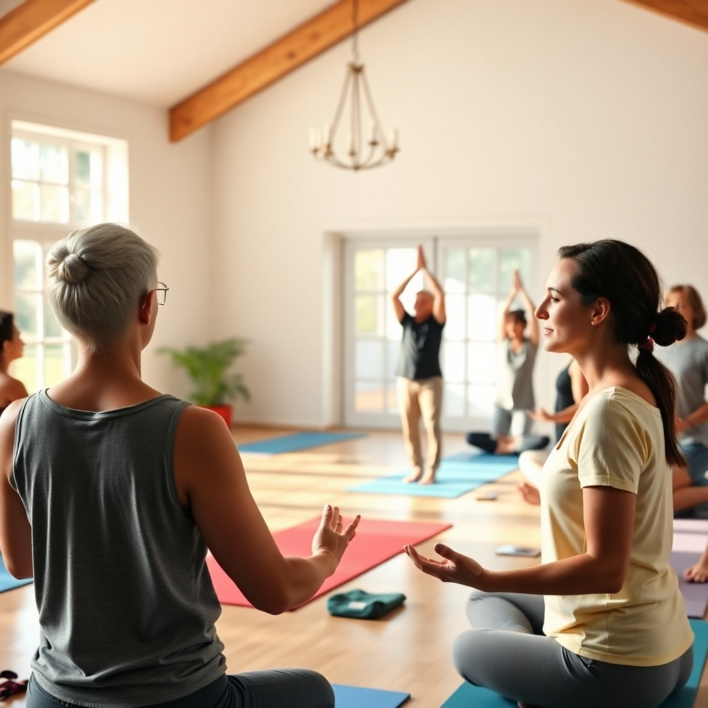 Photorealistic image of a group of people participating in a yoga class in a community center. Use natural lighting and focus on the sense of peace, tranquility, and physical well-being. The image should convey a message of holistic health.