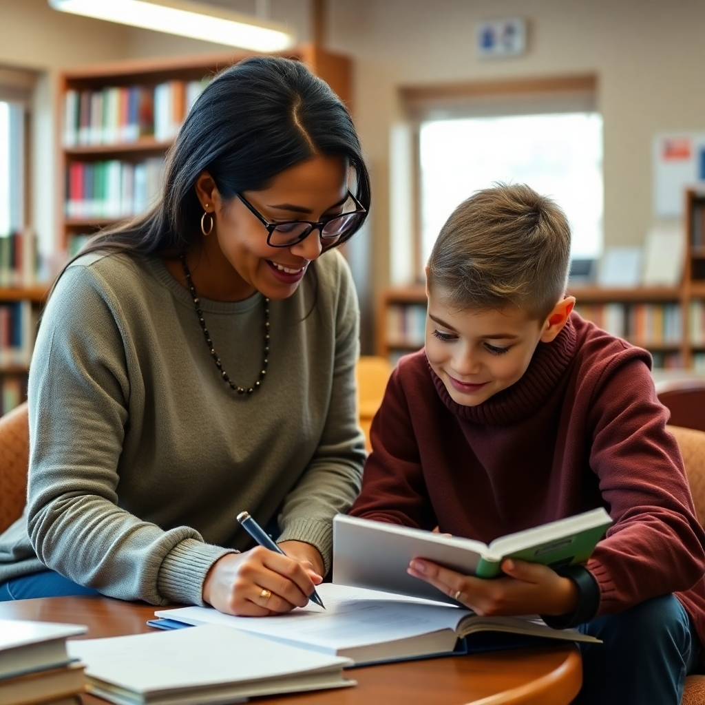 Photorealistic image of a mentor helping a student with their homework. The setting should be a library or community center with a warm, supportive atmosphere. Focus on the positive interaction and the student's concentration.
