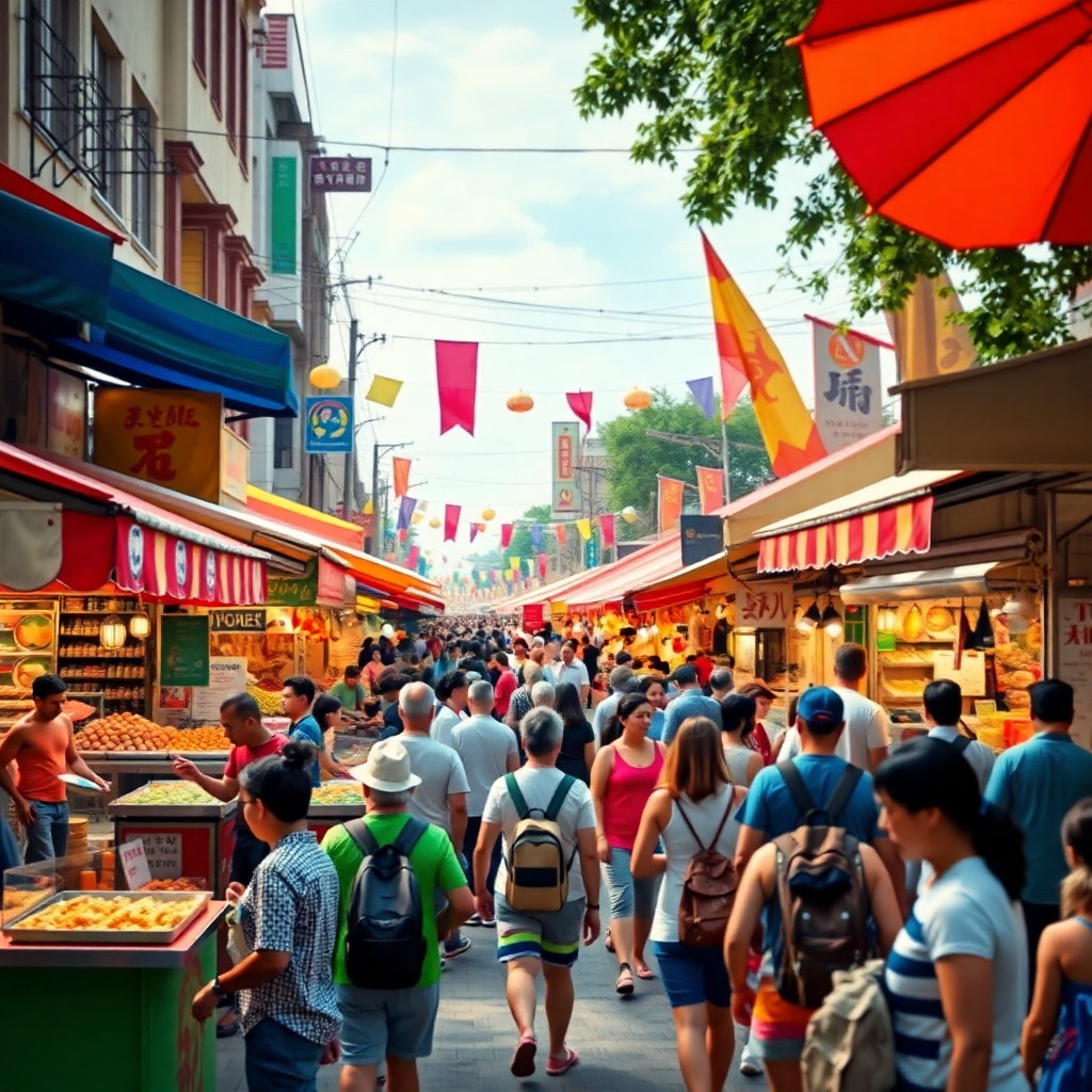 Photorealistic image of a vibrant street festival with diverse food stalls, music, and activities. Focus on the energy, excitement, and sense of community. Use bright colors and dynamic composition to capture the spirit of the event.