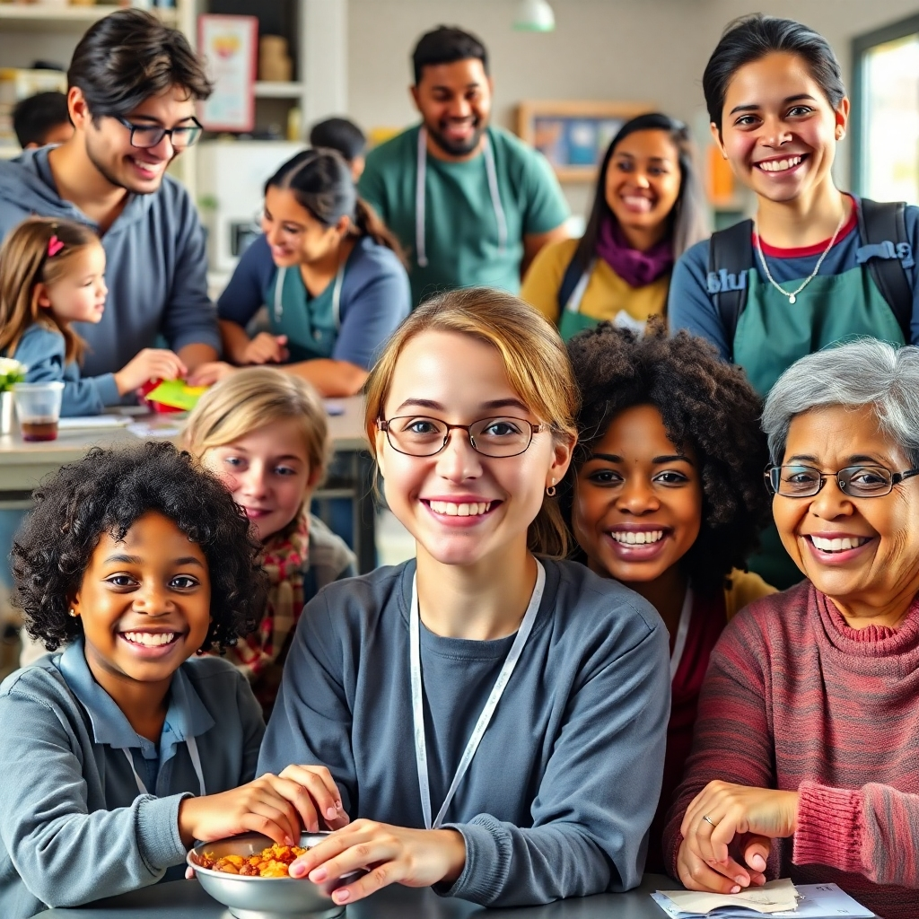 Photorealistic image showcasing volunteers of various ages and backgrounds engaged in different activities, such as tutoring children, serving food at a shelter, and assisting seniors. Capture the genuine smiles and sense of purpose in their eyes.