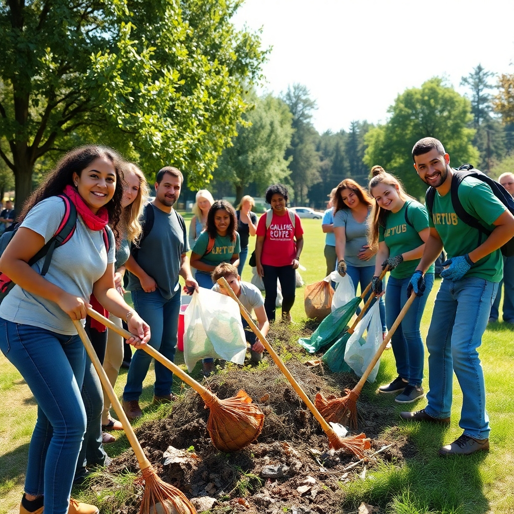 Photorealistic image showing a diverse group of volunteers cleaning up a local park. Focus on teamwork, positive expressions, and the visible improvement in the environment. Use bright, natural lighting to emphasize the community's dedication to environmental stewardship.