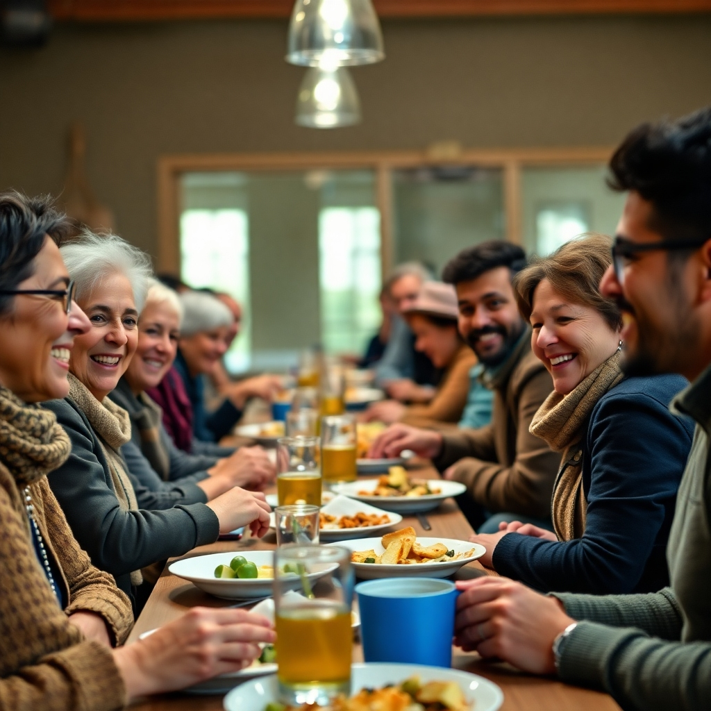Photorealistic shot of a diverse group of people sharing a meal together at a community event organized by Men o Pass. Focus on the warm smiles, shared laughter, and sense of belonging. Use soft, inviting lighting to create a welcoming atmosphere.
