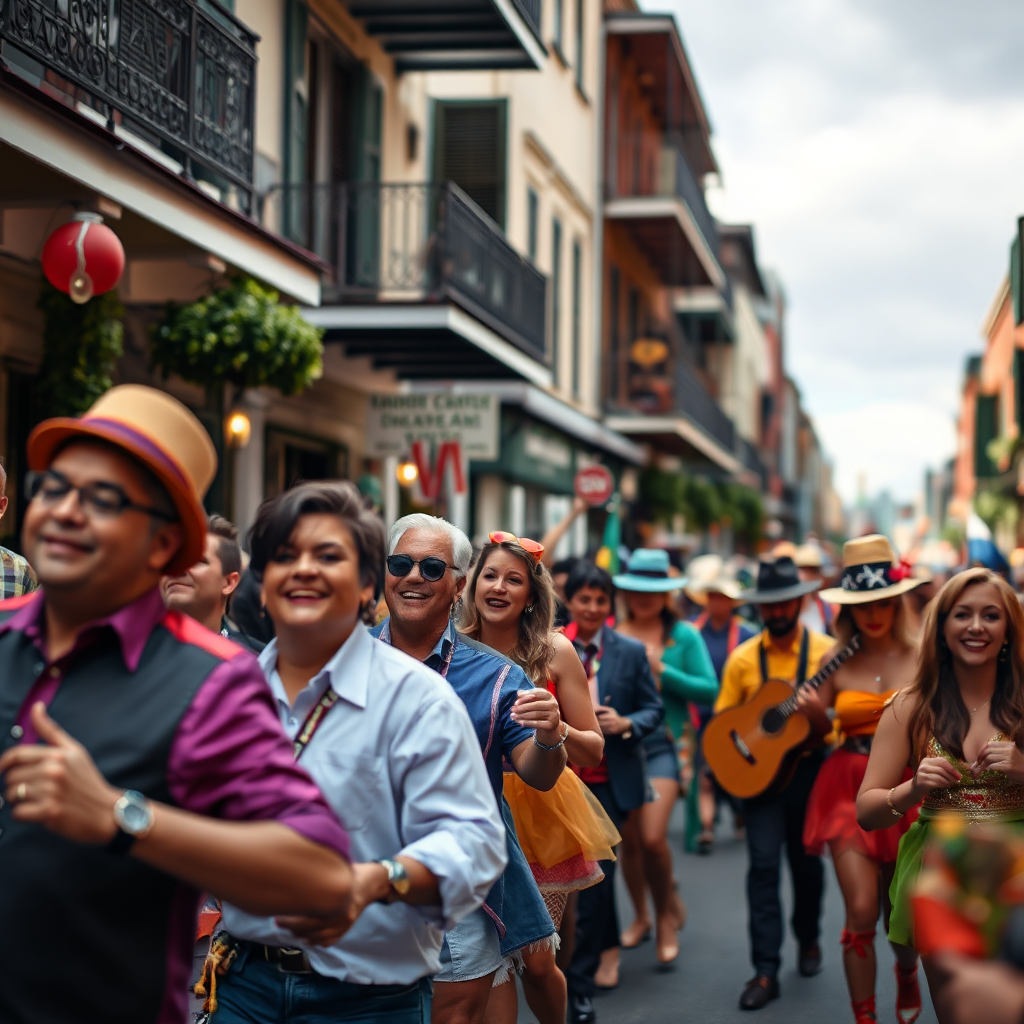A dynamic and engaging image of a group of people participating in a second line parade through the French Quarter. The scene is filled with music, dancing, and colorful costumes. The focus is on capturing the joy and excitement of the participants as they celebrate the spirit of New Orleans. The image should be photorealistic with a shallow depth of field to emphasize the foreground action. 4k resolution.