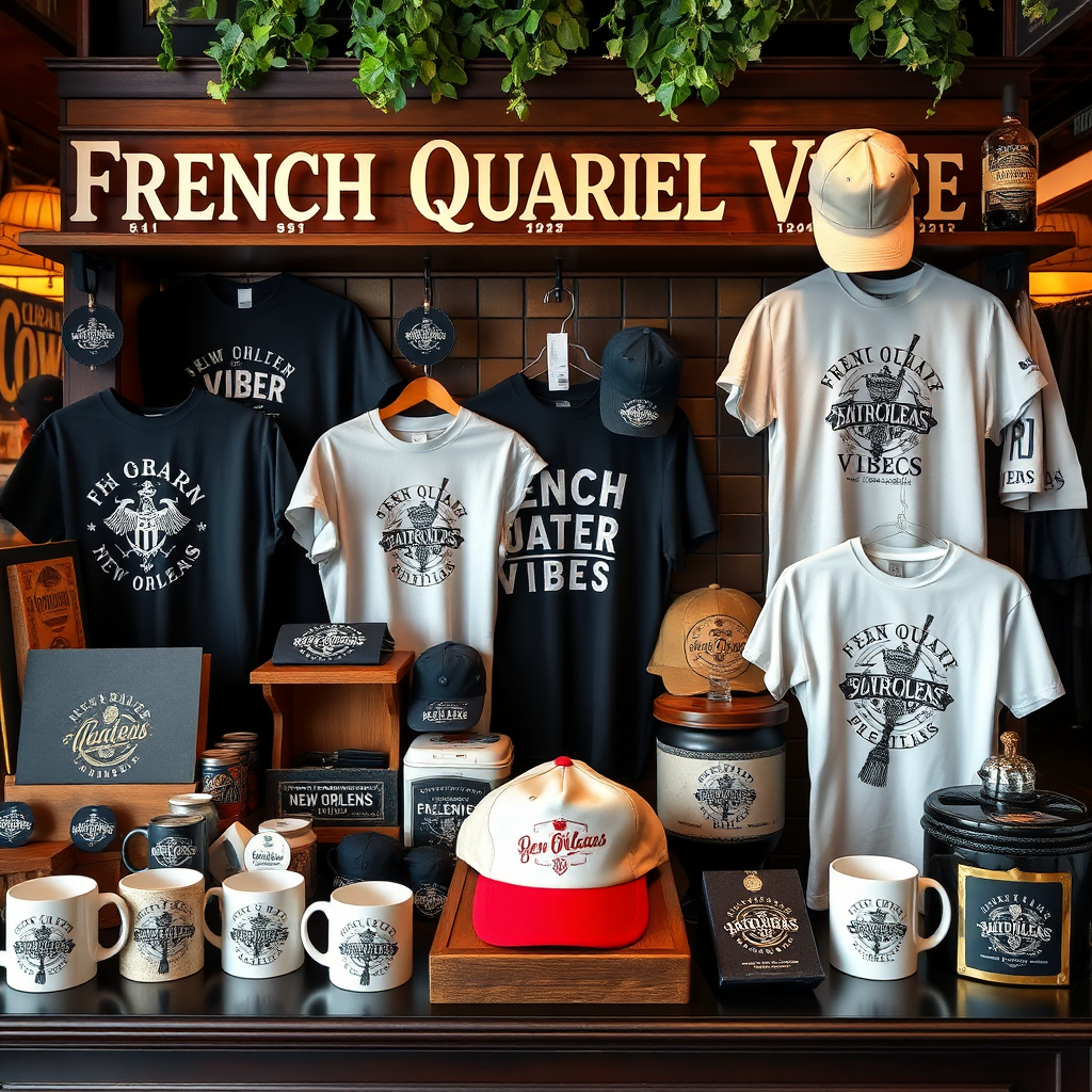 A photorealistic image of a beautifully arranged display of 'French Quarter Vibes' merchandise. The display includes t-shirts, hats, mugs, and other items featuring New Orleans-themed designs. The image should be well-lit and showcase the quality and uniqueness of the merchandise. 4k resolution.