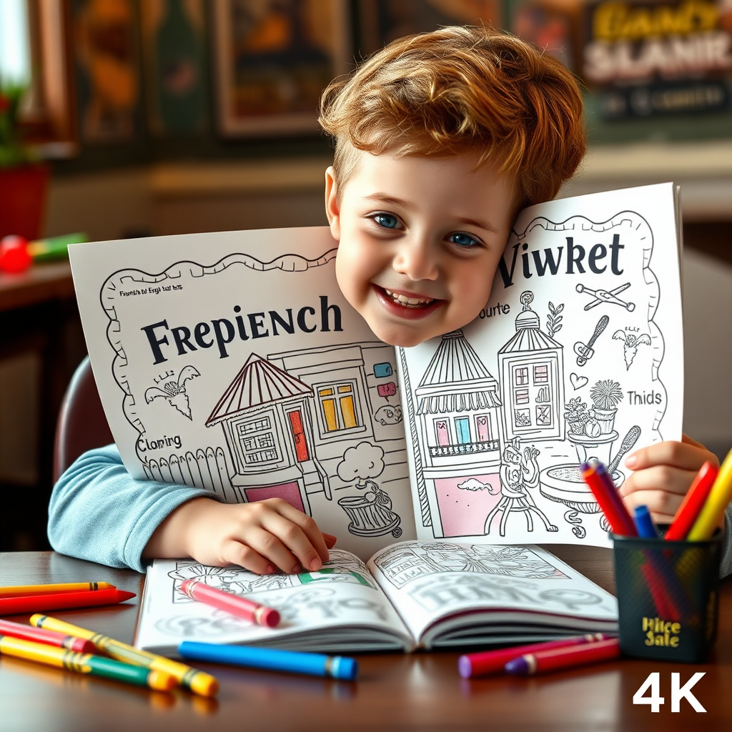 A photorealistic image of a child happily coloring in a 'French Quarter Vibes' coloring book. The child is sitting at a table with crayons and other art supplies. The image should be warm and inviting, capturing the joy and creativity of the activity. 4k resolution.