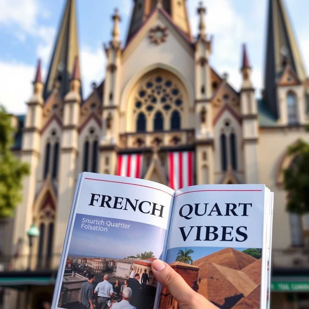 A photorealistic image of a 'French Quarter Vibes' travel guide being held open in front of a blurred background of a famous French Quarter landmark (e.g., St. Louis Cathedral). The focus is on the guide itself, with the landmark providing context and visual appeal. 4k resolution.
