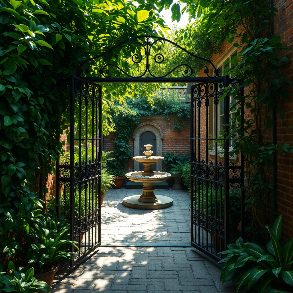 A photorealistic image of a hidden courtyard in the French Quarter. Overgrown with lush greenery, a wrought-iron gate leads to a cobblestone path. Sunlight filters through the leaves, illuminating a weathered stone fountain. Focus on details like the texture of the brick walls, the intricate ironwork, and the play of light and shadow to create a sense of mystery and tranquility. 4k resolution.