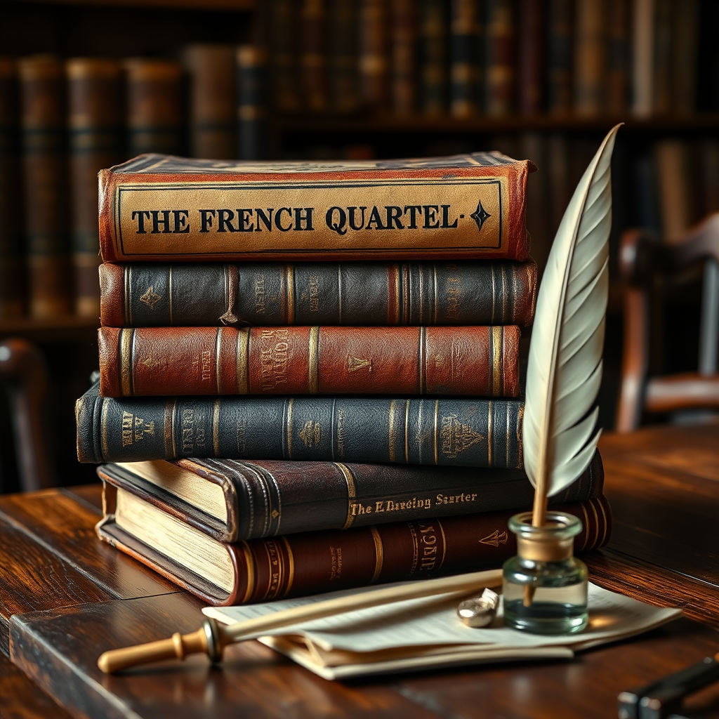 A photorealistic image of a stack of old, leather-bound history books about the French Quarter. The books are arranged on a wooden table with a quill pen and inkwell. The lighting is warm and inviting, creating a sense of history and nostalgia. 4k resolution.