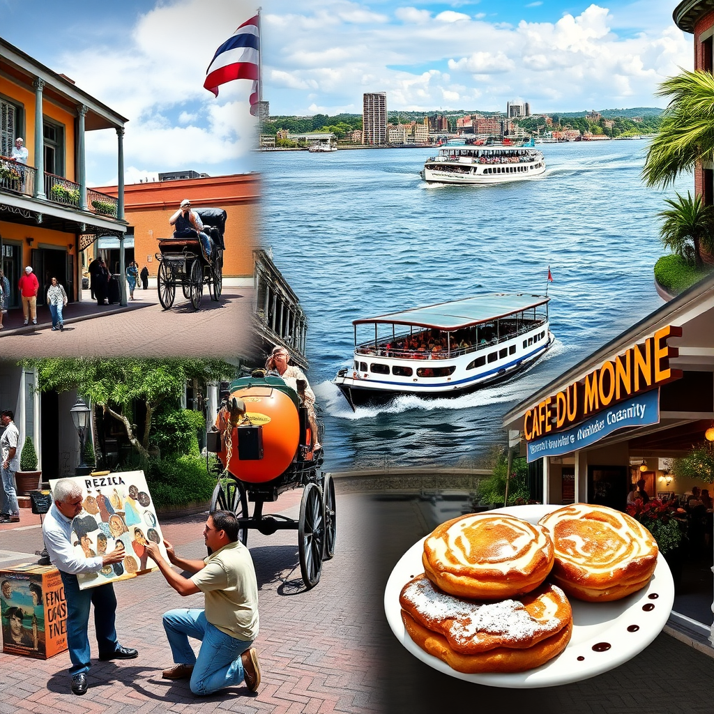 A photorealistic image showcasing a collage of iconic French Quarter activities. The collage includes images of a horse-drawn carriage on Bourbon Street, a riverboat on the Mississippi River, a street artist painting in Jackson Square, and a plate of beignets at Cafe Du Monde. The image should be vibrant and colorful, capturing the diversity and excitement of the French Quarter. 4k resolution.