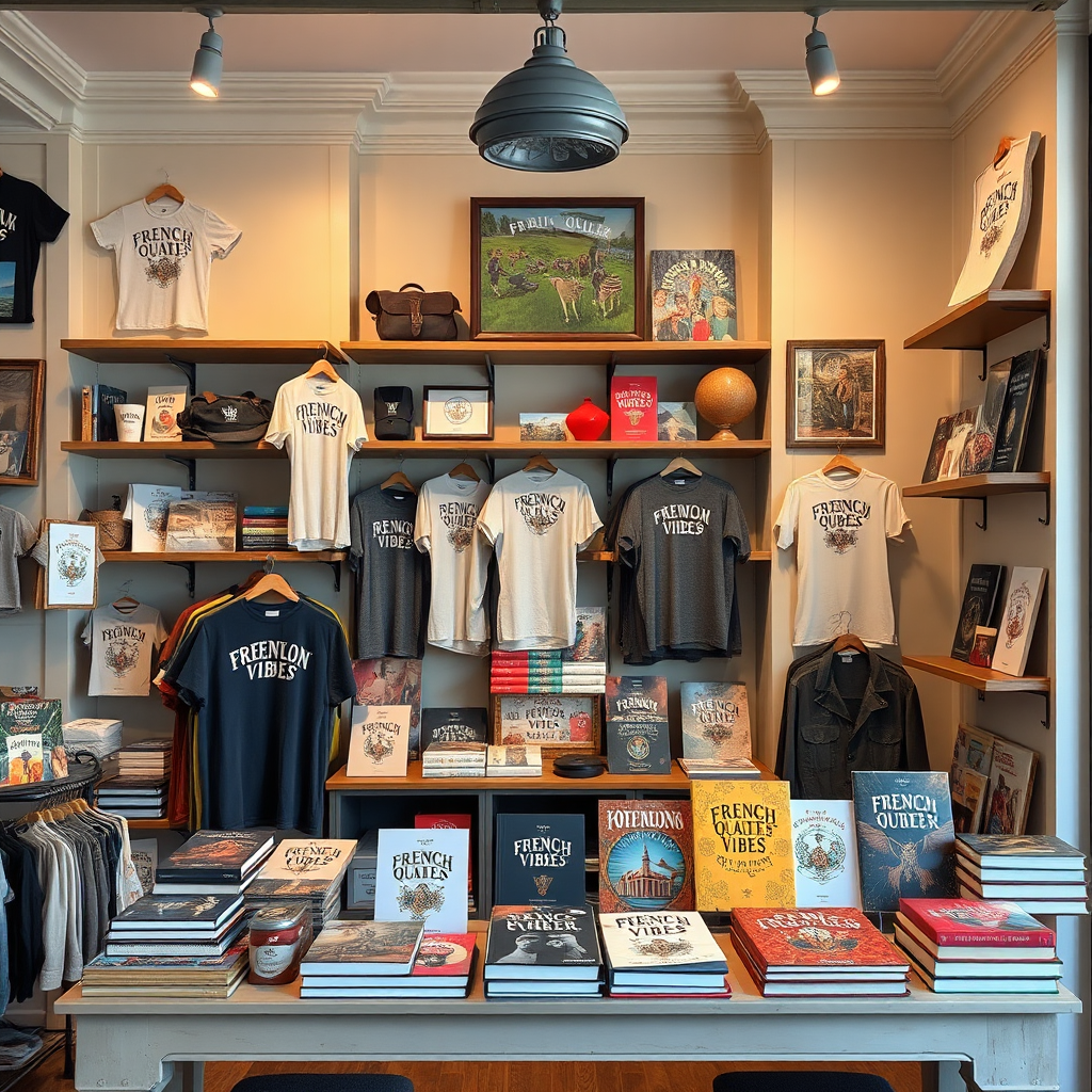 A photorealistic image showcasing a curated collection of 'French Quarter Vibes' merchandise, including apparel, souvenirs, and books, artfully arranged on shelves and tables. The lighting should highlight the quality and uniqueness of the items. 4k resolution.