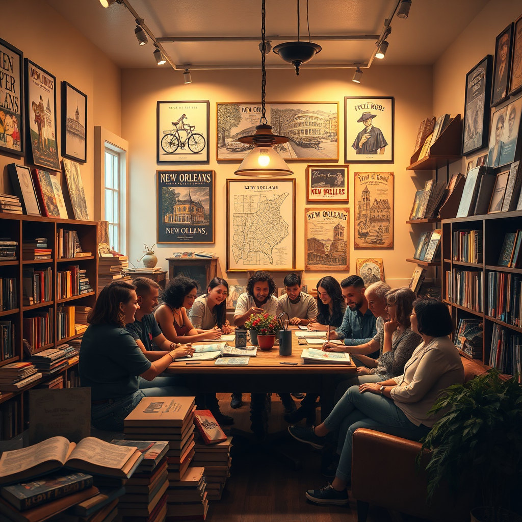 Create a 4K, high-quality image representing the essence of 'French Quarter Vibes'. The scene depicts a warmly lit, inviting interior space that blends the atmosphere of a bookstore, an art studio, and a New Orleans souvenir shop. Imagine a cozy room filled with the aroma of old books and coffee. In the center, a diverse group of people are gathered around a large table, laughing and engaging with 'French Quarter Vibes' merchandise – coloring books, maps, and historical guides. The walls are adorned with framed prints of famous New Orleans landmarks, vintage posters, and shelves overflowing with local literature and crafts. The lighting is soft and diffused, creating a welcoming and creative ambiance. The overall style should be slightly stylized, emphasizing the warmth, community, and celebration of New Orleans culture. Ensure high detail in the textures of the books, artwork, and furniture to create a sense of authenticity and depth. A subtle touch of magical realism would enhance the unique atmosphere of the scene.