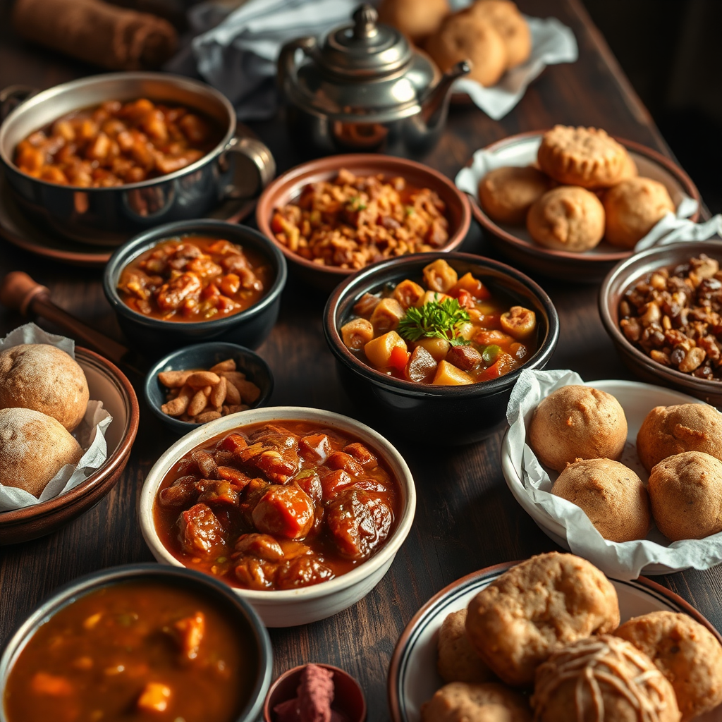 Create a mouthwatering image of a table filled with traditional New Orleans dishes, such as gumbo, jambalaya, and beignets. The food should be beautifully presented, with attention to detail in the textures and colors. The lighting should be warm and inviting, making the food look appetizing. Include elements like spices, herbs, and traditional cookware to enhance the scene. Style reference: Capture the rustic charm and flavorful appeal of Creole and Cajun cuisine.