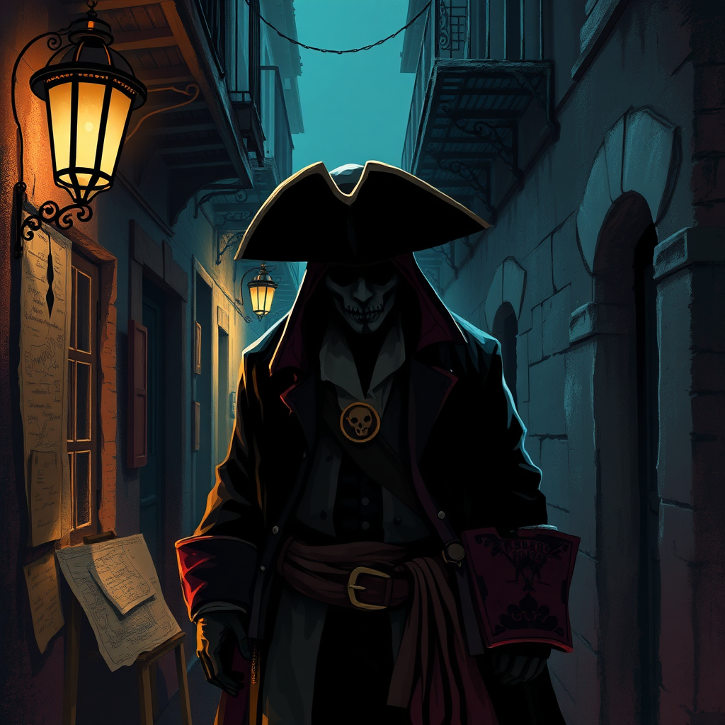 Create a mysterious image of a shadowy figure in pirate attire lurking in a dimly lit French Quarter alleyway. Include elements like hidden treasure, old maps, and weathered buildings to enhance the atmosphere. The color palette should be dark and moody, with hints of light and shadow. The art style should be reminiscent of classic pirate illustrations, with a focus on suspense and intrigue.
