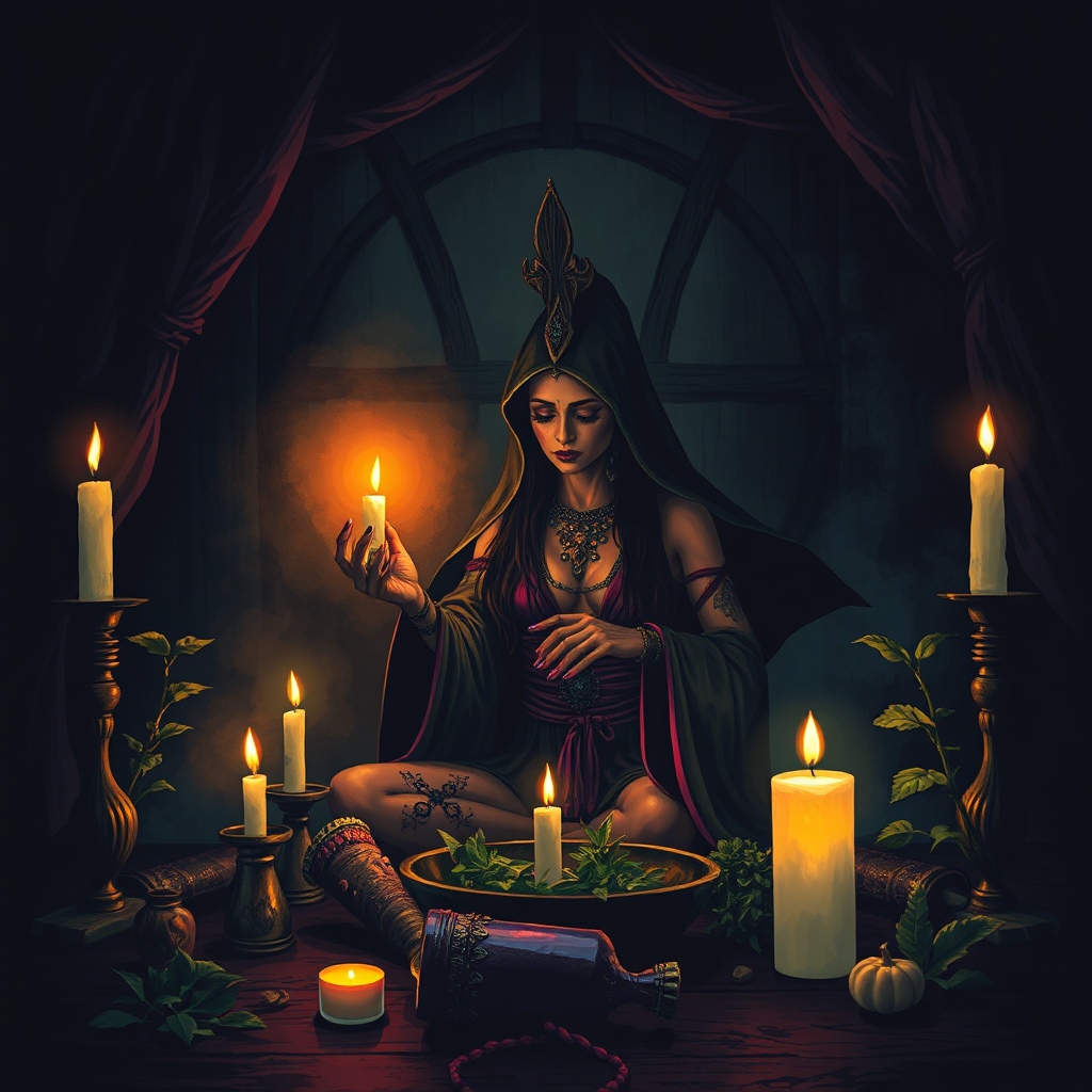 Create a mystical image of a Voodoo priestess performing a ritual in a candlelit room. Include elements like herbs, candles, and sacred objects to enhance the atmosphere. The color palette should be dark and mysterious, with pops of color from the ritual items. The art style should be evocative and spiritual, capturing the essence of Voodoo traditions.