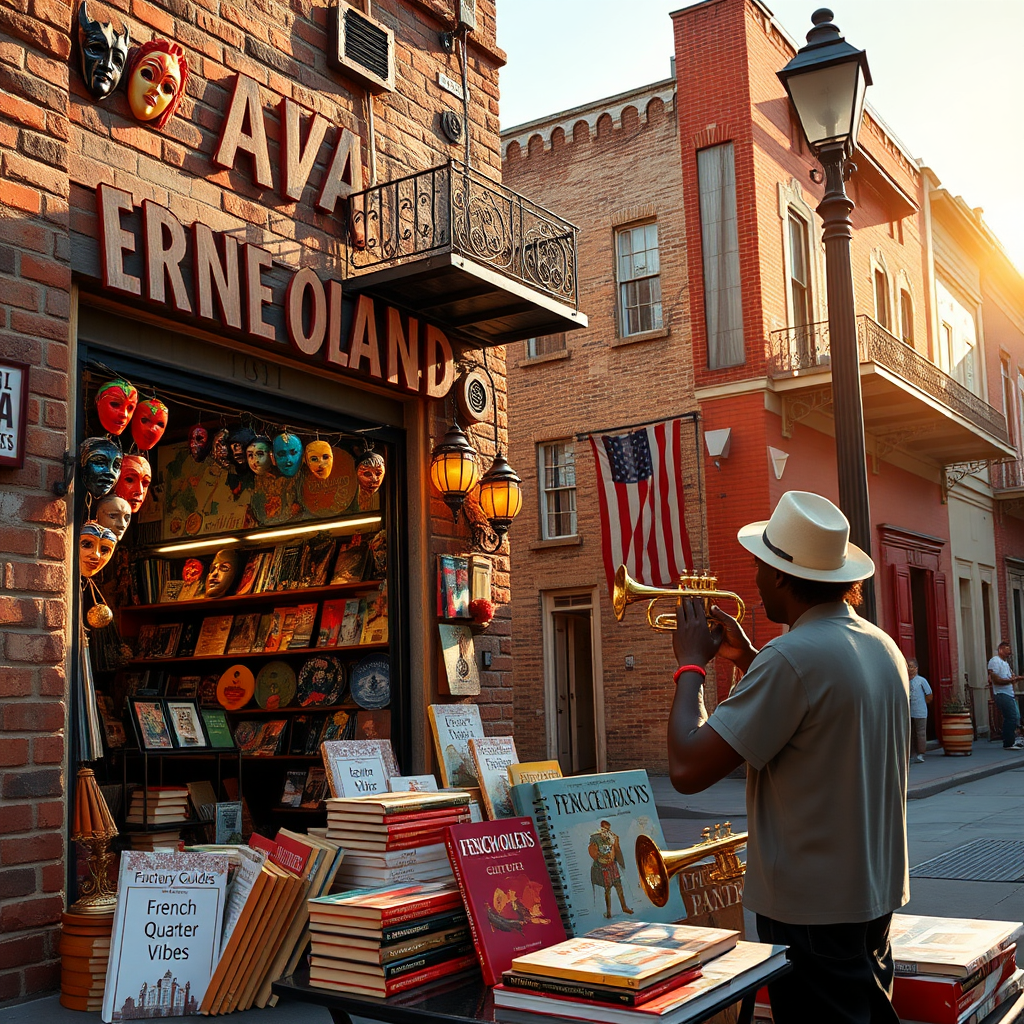 Create a photorealistic, ultra-high-quality 8K header image embodying 'French Quarter Vibes'. The scene captures a vibrant street corner in the French Quarter, bathed in the warm glow of late afternoon sunlight. Focus on a charming antique shop overflowing with New Orleans-themed merchandise: colorful masks, vintage maps, jazz records, miniature wrought-iron balconies, and stacks of history books and activity books. A street musician with a trumpet stands nearby, silhouette against a textured brick wall with peeling paint. In the foreground, a display of 'French Quarter Vibes' branded merchandise—guides, coloring books, and t-shirts—is prominently featured. The composition should be balanced, with a slight upward camera angle to emphasize the height and detail of the buildings. Textures are crucial: focus on the aged brick, the intricate ironwork, the glossy sheen of the instruments, and the crisp details of the books and merchandise. The color palette should be rich and warm, utilizing reds, oranges, yellows, and browns. The overall style evokes a sense of nostalgia, history, and the unique charm of New Orleans. Hyperrealistic rendering is essential for a truly immersive experience.