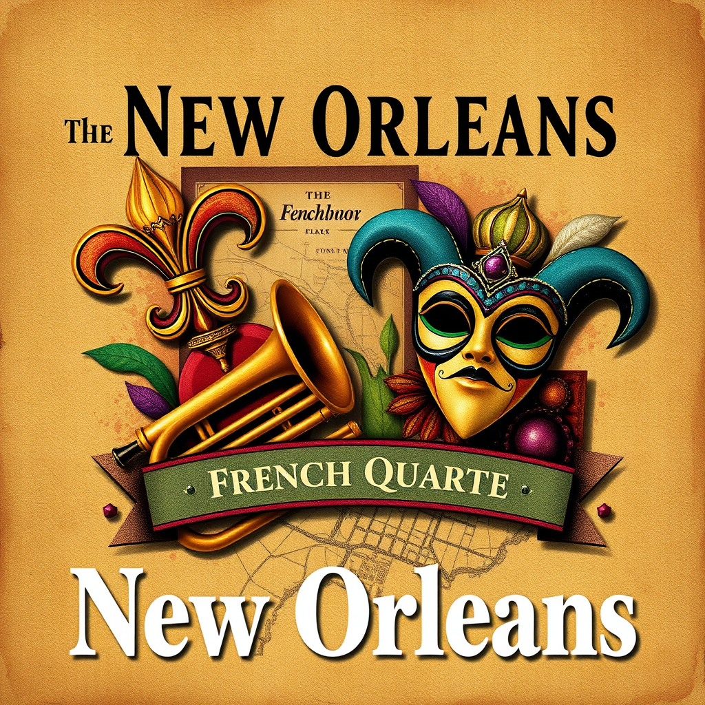 Create a stylized image representing the heart of New Orleans and the French Quarter. The image should feature a collage of iconic elements, including a fleur-de-lis, a jazz trumpet, a Mardi Gras mask, and a map of the French Quarter. The background should be a textured canvas with vintage-inspired patterns and colors. The lighting should be soft and diffused, creating a warm and inviting atmosphere. The color palette should be a mix of vibrant and muted tones, reflecting the city's rich history and culture. Style reference: A blend of vintage travel posters and modern graphic design. Technical Specs: 4K resolution, high quality with attention to detail in the textures and composition.