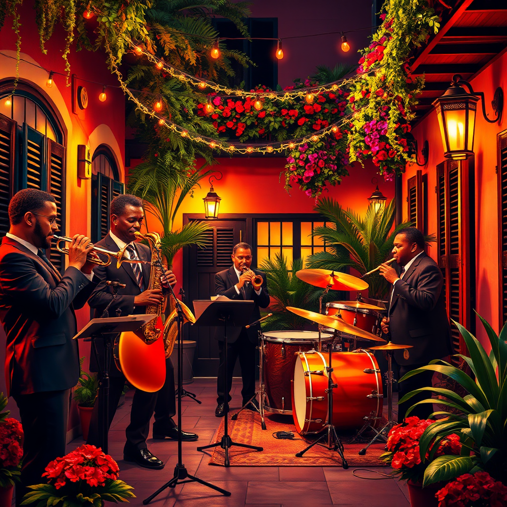 Create a vibrant image of a jazz band performing in a French Quarter courtyard. The musicians should be playing passionately, with instruments like trumpets, saxophones, and drums. The courtyard should be decorated with festive lights and colorful flowers. The lighting should be warm and inviting, creating a lively atmosphere. The color palette should be rich and saturated, reflecting the energy of the music. Style reference: Capture the dynamic energy of live jazz performances.