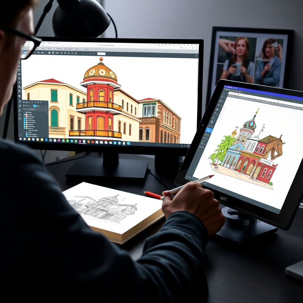 Create an image of a designer working on a custom illustration of the French Quarter. Include elements like a drawing tablet, design software, and reference photos. The lighting should be focused and professional, creating a sense of expertise and creativity. The color palette should be clean and modern, reflecting the design process.