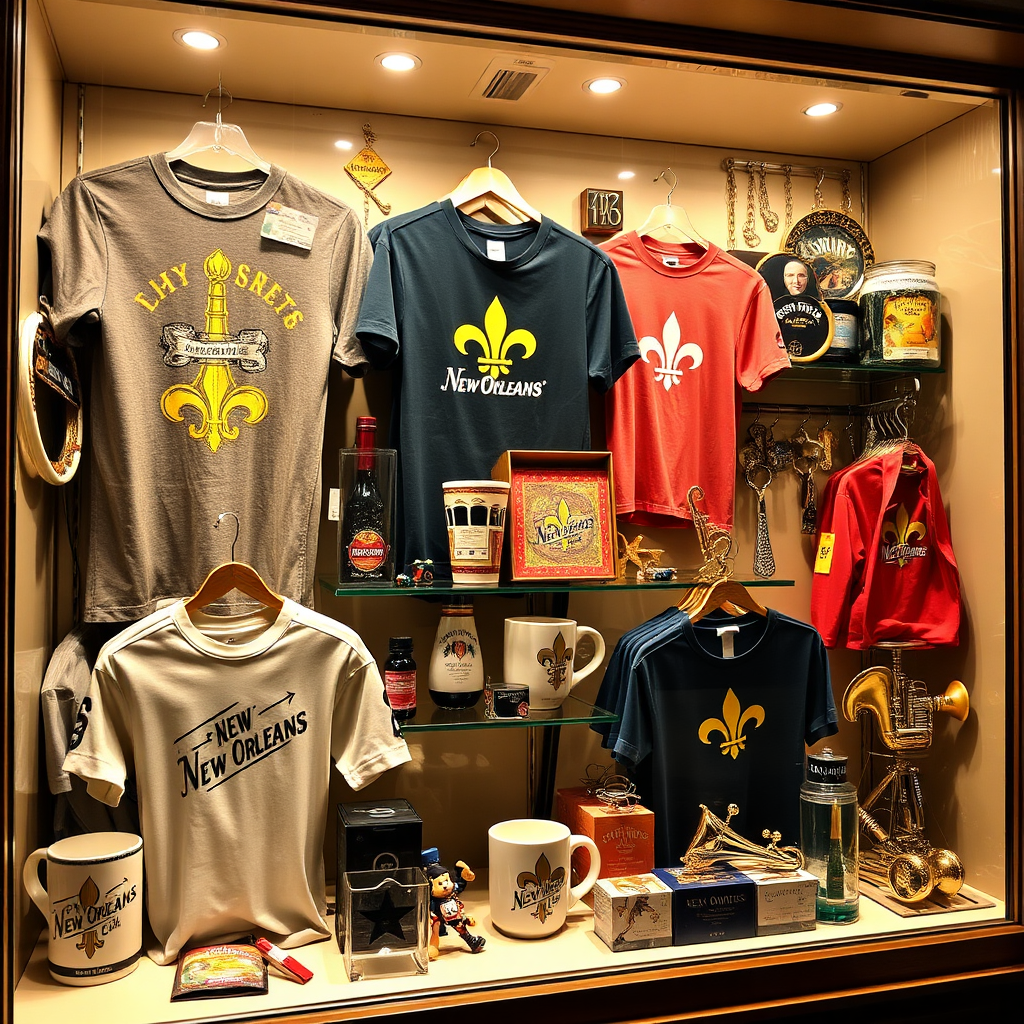 Create an image of a display case filled with New Orleans themed merchandise, such as t-shirts, mugs, and keychains. The items should feature iconic symbols like the fleur-de-lis, streetcars, and jazz instruments. The lighting should be bright and inviting, showcasing the products in an appealing way. The color palette should be vibrant and eye-catching, attracting customers to the display.