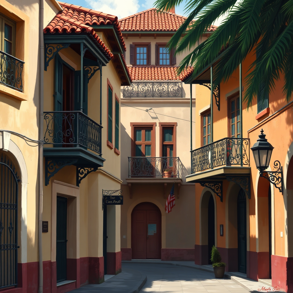 Create an image showcasing the Spanish influence on the French Quarter's architecture. Feature buildings with Spanish-style balconies, red-tiled roofs, and stucco walls. The scene should be bathed in warm sunlight, highlighting the architectural details and creating a sense of history. Include subtle details like wrought-iron gates and Spanish signage. The art style should be inspired by Spanish colonial paintings, with a focus on realism and atmosphere.