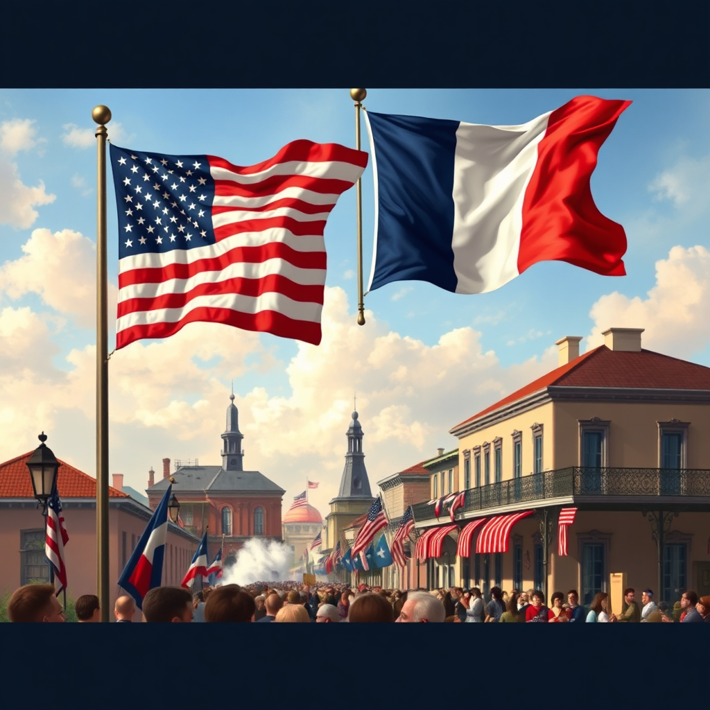 Depict a scene representing the Louisiana Purchase, with American and French flags flying side-by-side over the French Quarter. Include elements that symbolize the transfer of power, such as documents being exchanged and people celebrating in the streets. The color palette should be patriotic, with reds, whites, and blues dominating the scene. The art style should be reminiscent of historical paintings, with a focus on capturing the significance of the event.