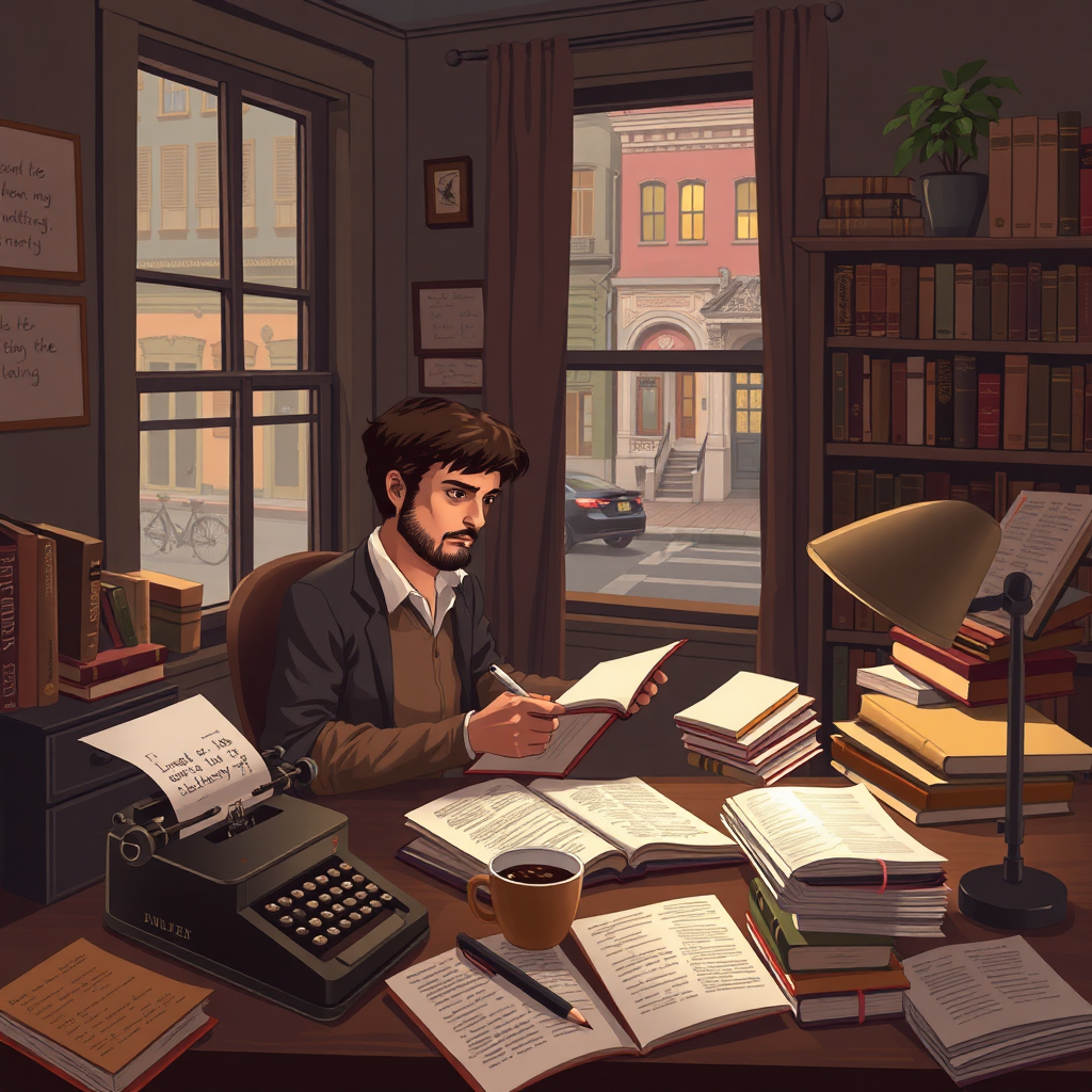 Illustrate a cozy scene of a writer sitting at a desk in a French Quarter apartment, surrounded by books and manuscripts. Include elements like a vintage typewriter, a cup of coffee, and a view of the street outside. The lighting should be warm and inviting, creating a sense of creativity and inspiration. The color palette should be muted and earthy, reflecting the literary atmosphere. Style reference: Capture the intellectual ambiance of a writer's study.