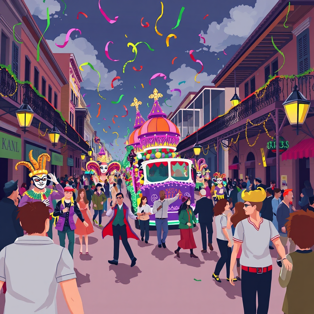 Illustrate a festive Mardi Gras parade scene in the French Quarter. Feature colorful floats, masked revelers, and flying beads. The atmosphere should be energetic and joyful, with people dancing and celebrating in the streets. The color palette should be bright and vibrant, reflecting the spirit of Mardi Gras. Style reference: Capture the chaotic beauty and vibrant energy of a real Mardi Gras parade.