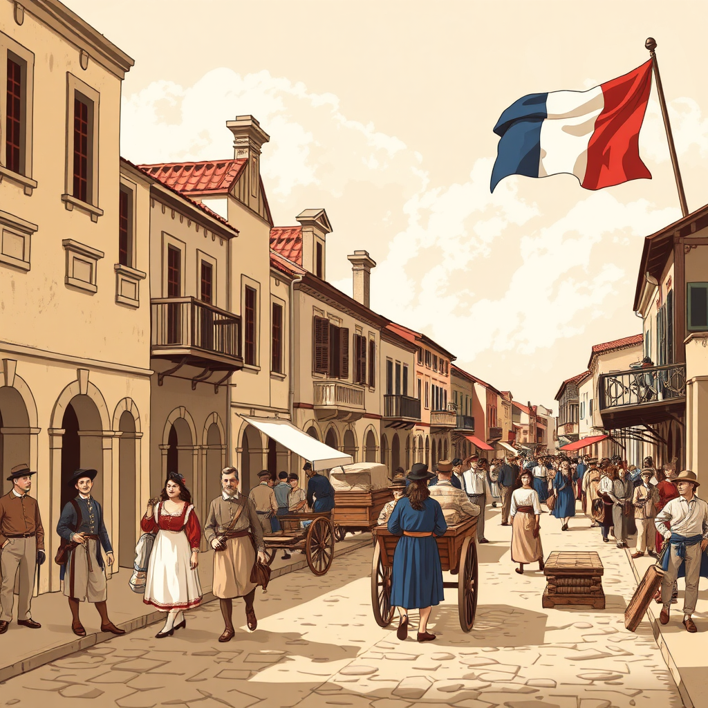 Illustrate a historical scene of the French Quarter in the early 18th century. Depict French colonial architecture, people in period clothing, and the bustling activity of a newly established settlement. The color palette should be sepia-toned with hints of color, giving it a vintage feel. Include details like wooden carts, unpaved streets, and the French flag waving in the background. The art style should be reminiscent of historical paintings, with a focus on accuracy and detail.
