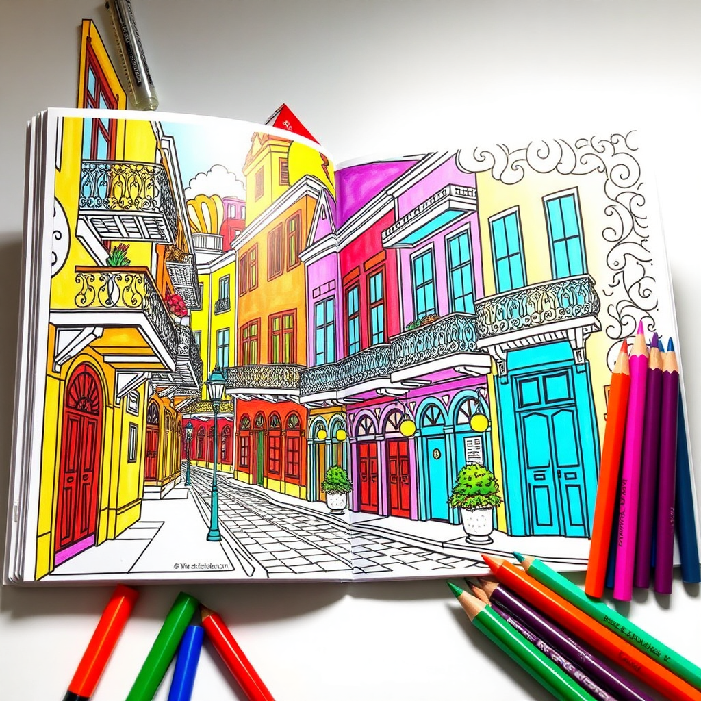 Illustrate an open coloring book with a detailed French Quarter scene, such as a streetscape with wrought-iron balconies and colorful buildings. Include colored pencils and markers to show the potential for creativity. The lighting should be bright and cheerful, encouraging artistic expression. The color palette should be vibrant and inviting, inspiring users to create their own masterpieces.