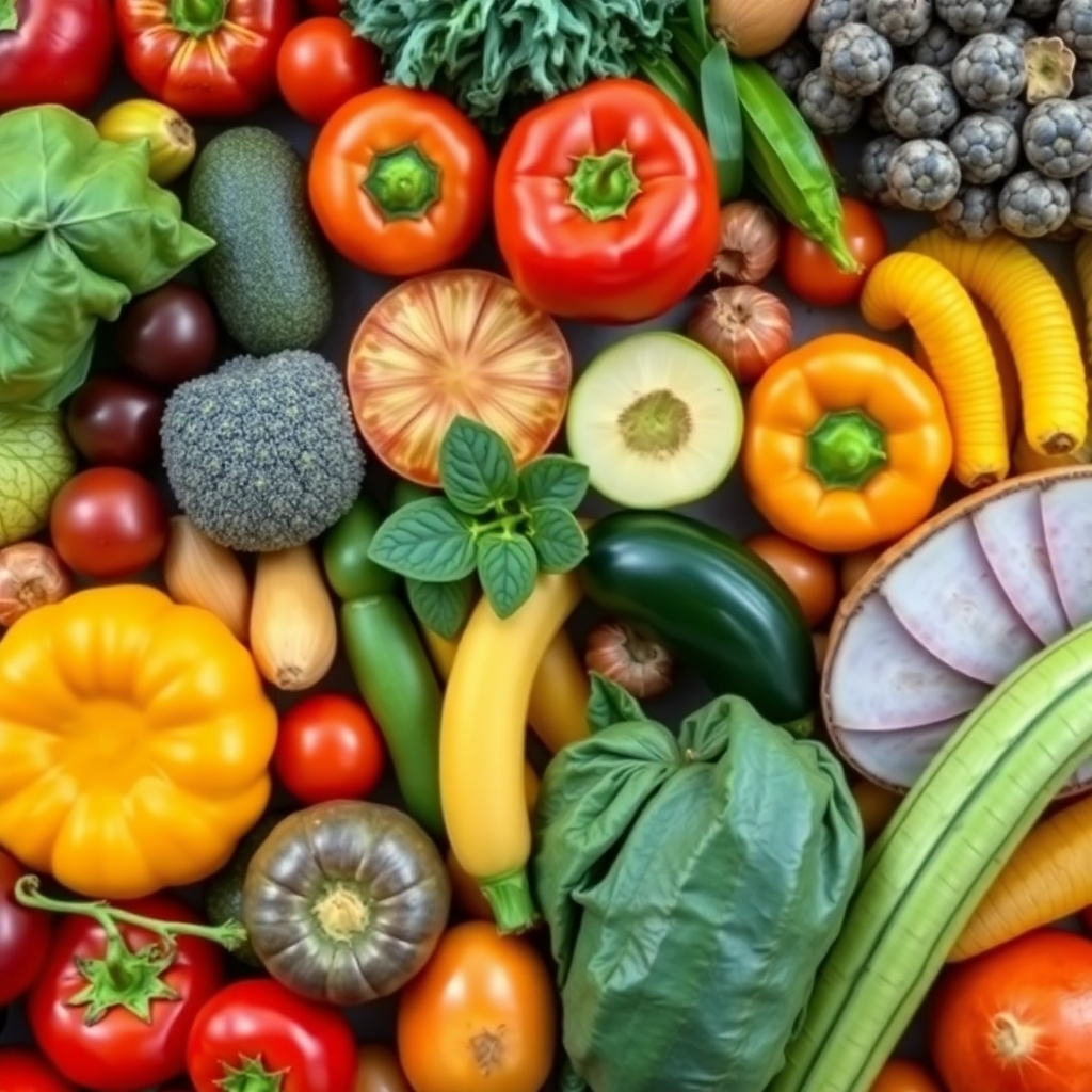 A colorful assortment of fruits and vegetables arranged in a visually appealing flat lay. Focus on vibrant colors and textures. High-angle shot. Natural lighting. 4K resolution, photorealistic.