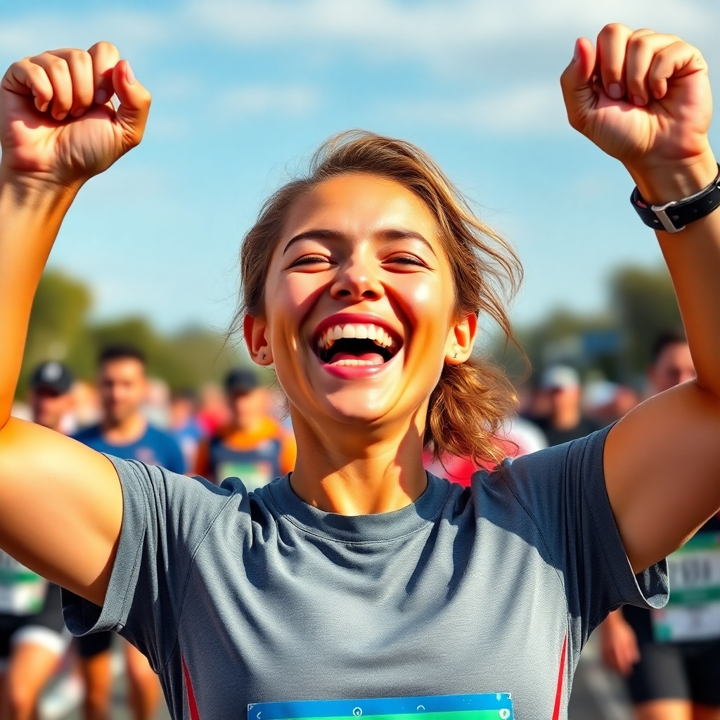 A person celebrating a fitness achievement, such as completing a marathon or reaching a weight loss goal. Joyful and triumphant expression. Encouraging atmosphere. 4K resolution, photorealistic.