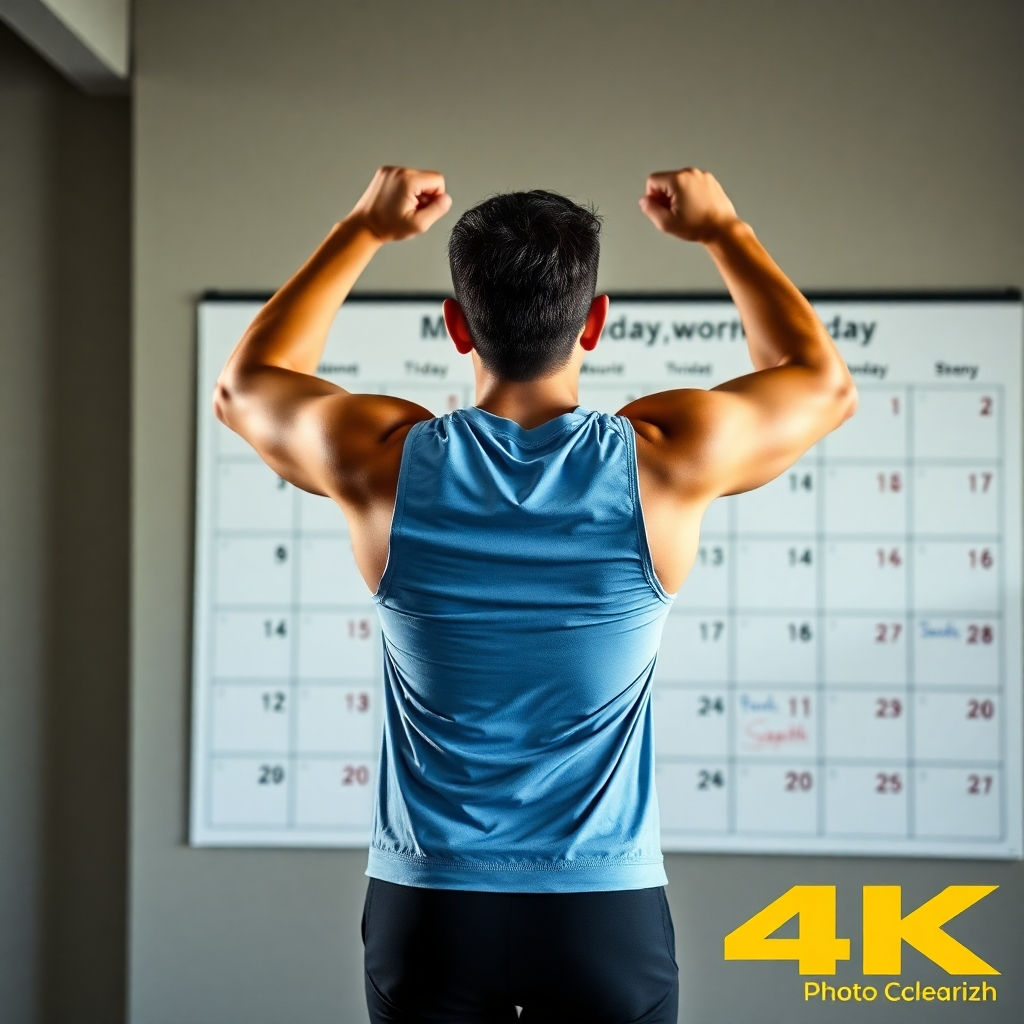 A person consistently exercising at the same time each day, with a calendar marking workout days. Focus on routine and commitment. Motivational setting. 4K resolution, photorealistic.