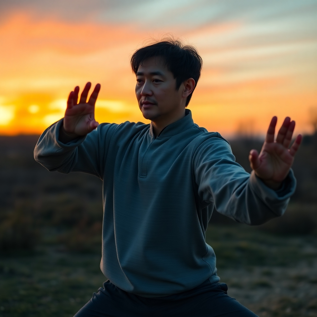 A person in comfortable athletic wear practicing Tai Chi at sunrise. Soft, diffused light. Serene expression. Focus on balance and flow of movements. Wide angle shot. 4K resolution, photorealistic.