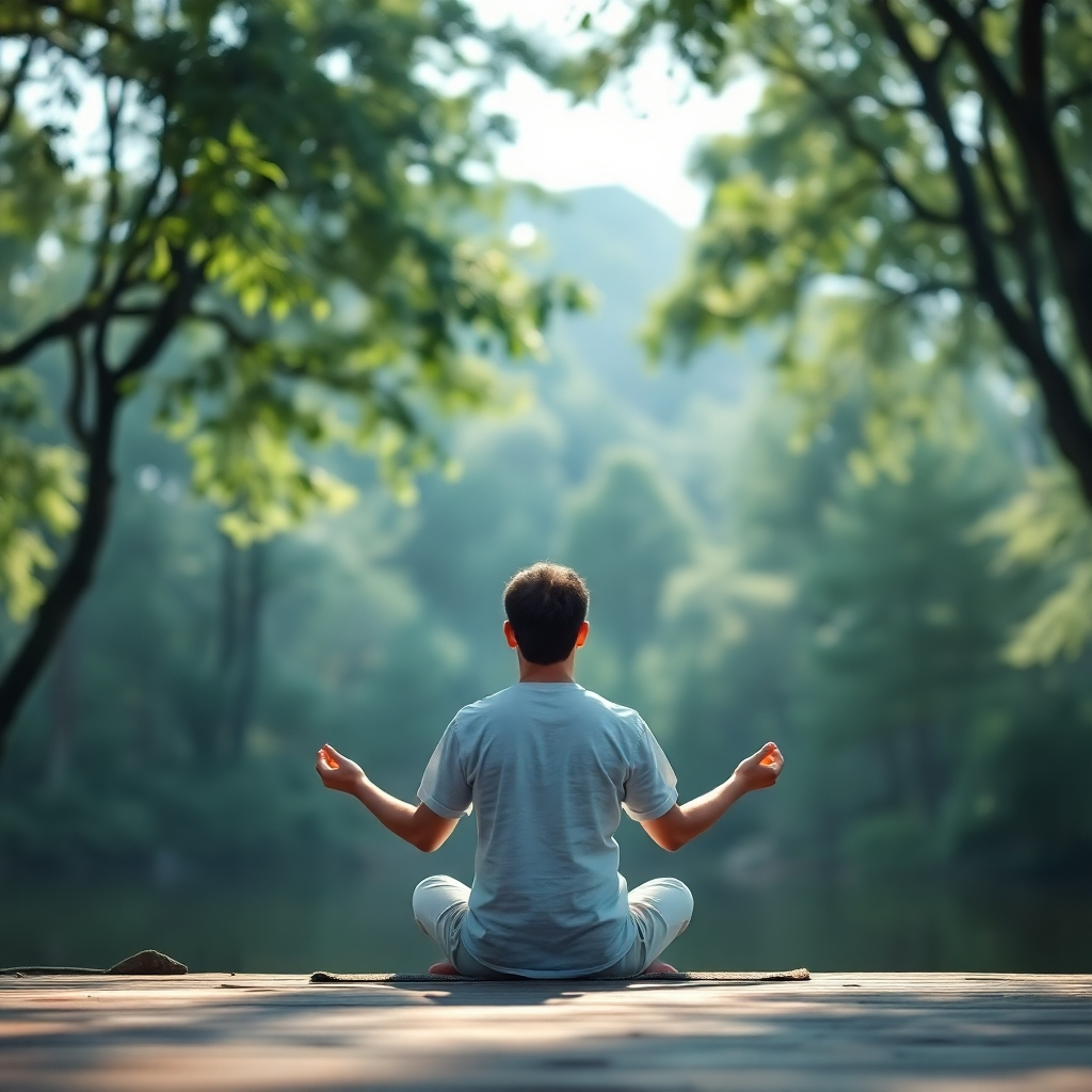 A person meditating in a tranquil natural setting, such as a forest or by a lake. Soft, dappled light filtering through the trees. Peaceful and serene atmosphere. Focus on stillness and inner peace. 4K resolution, photorealistic.