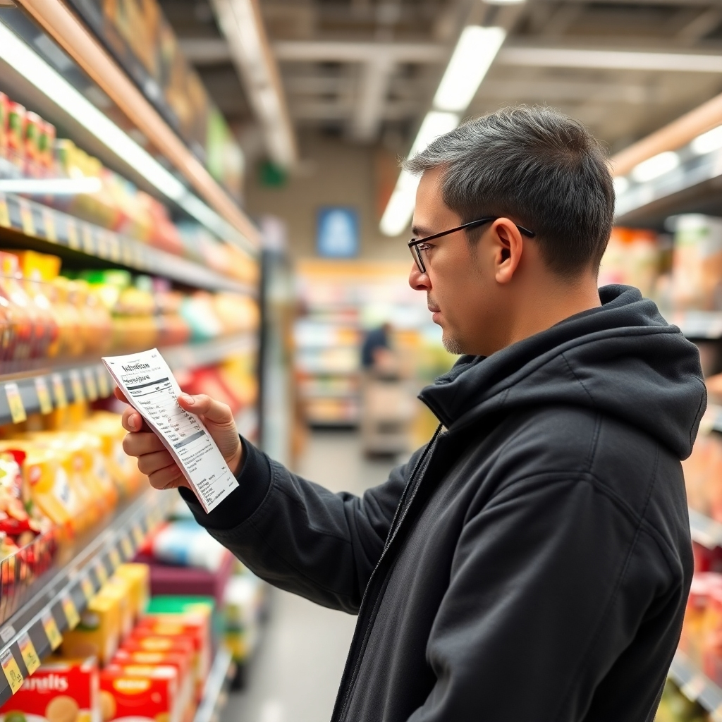A person reading the nutritional label on a food product in a grocery store. Focus on understanding nutritional information. Clean, well-lit environment. 4K resolution, photorealistic.