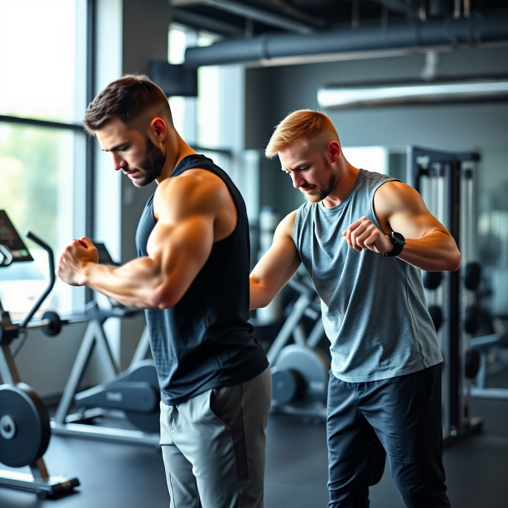 A personal trainer guiding a client through a customized workout routine in a well-equipped gym. Focus on proper form and technique. Dynamic composition. 4K resolution, photorealistic.