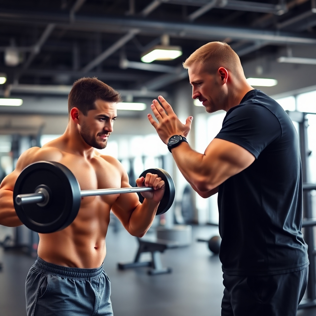 A personal trainer working one-on-one with a client, demonstrating proper form and technique for a weightlifting exercise. The setting is a modern, well-equipped gym with a focus on functionality and motivation. The lighting is bright and energizing, highlighting the muscles and physique of both individuals. Capture the intensity and focus of the workout while conveying a sense of encouragement and partnership. 4K resolution, photorealistic.