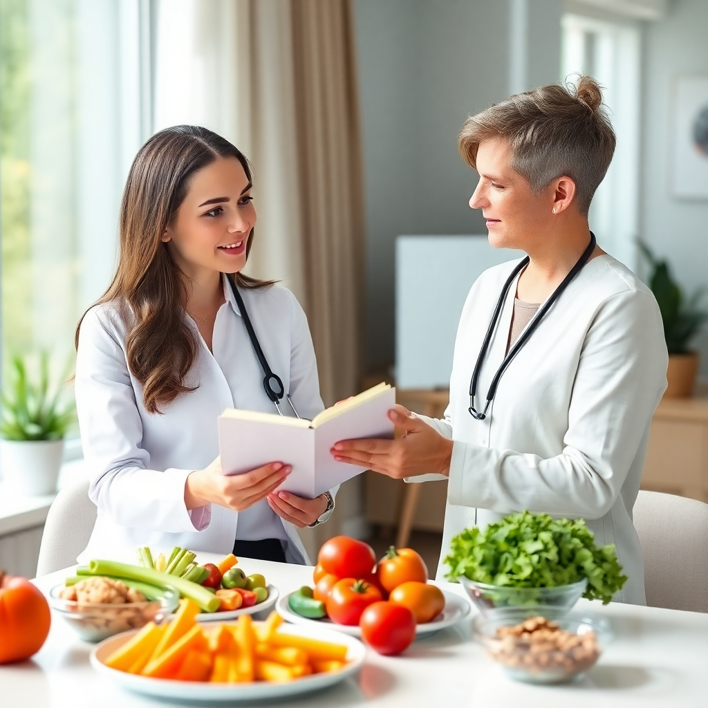 A registered dietitian reviewing a client's food journal and providing personalized dietary recommendations in a bright and modern office setting. The dietitian is explaining the benefits of incorporating various fruits, vegetables, and whole grains into the client's meal plan. Focus on conveying a sense of expertise, trust, and collaboration. A table with healthy meal examples is present. 4K resolution, photorealistic.